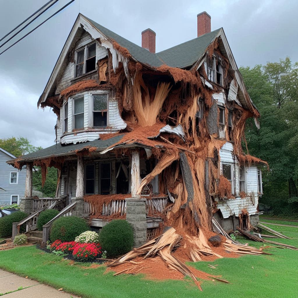 Damaged tree on an Charlottesville home showing signs of disease and decay