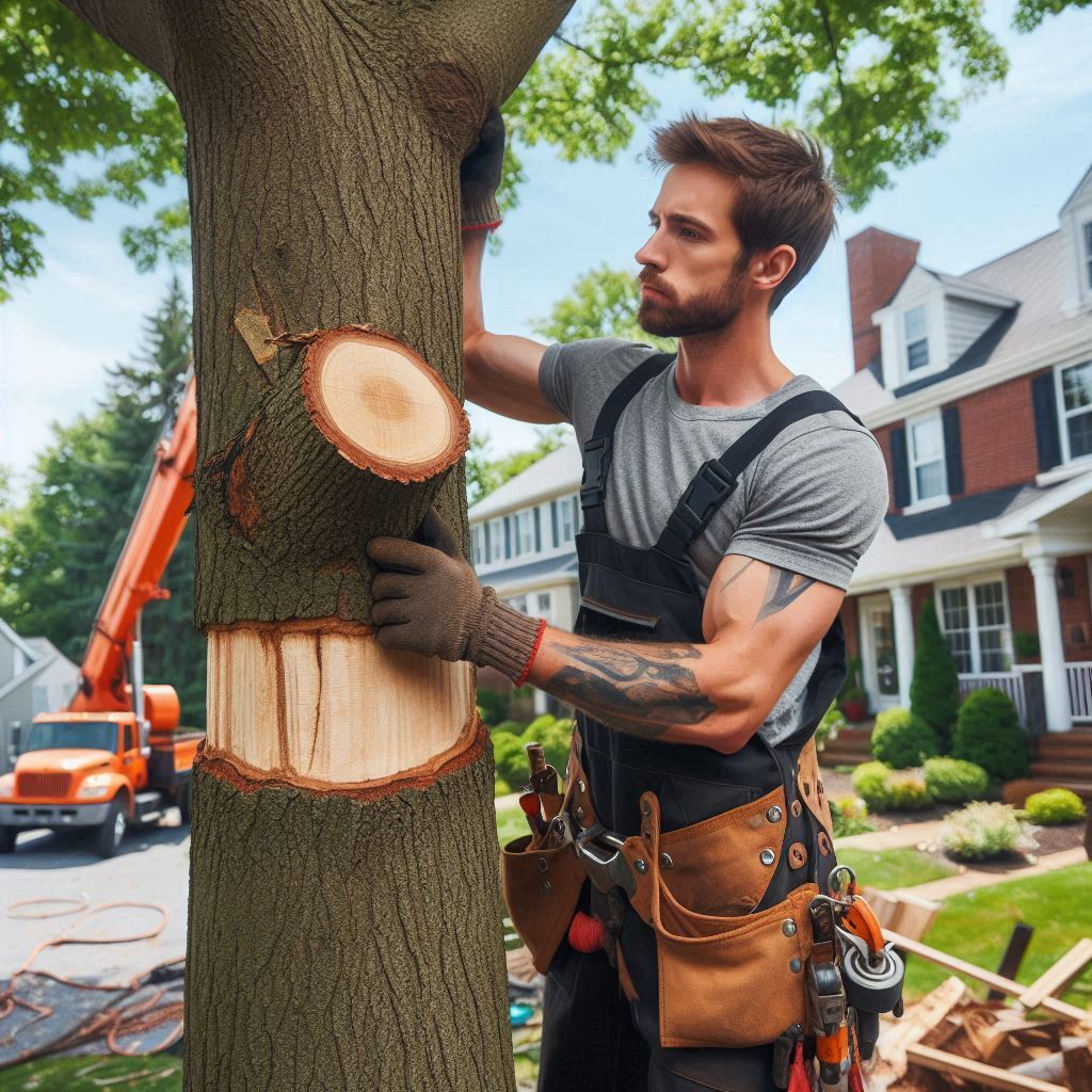 Tree removal expert performing maintenance on a typical Virginia home's trees